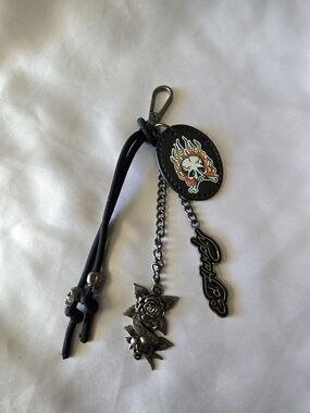 Ed Hardy Black Bag Charm/ Keychain with Flaming Skull and Rose